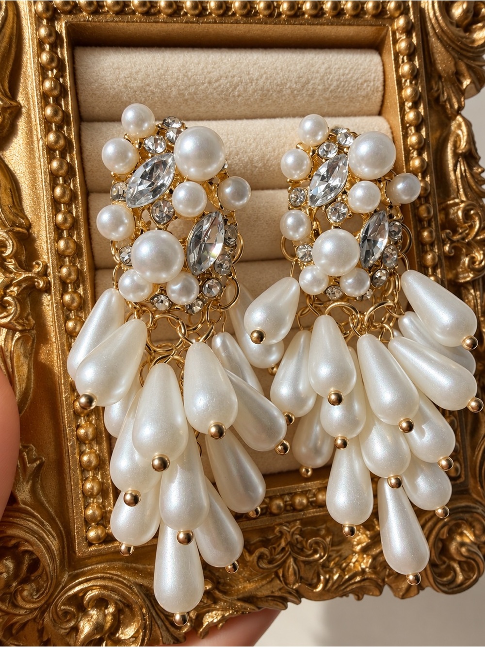 Vintage Pearl Crystal Bridal Statement Chandelier Earrings Wedding Jewelry